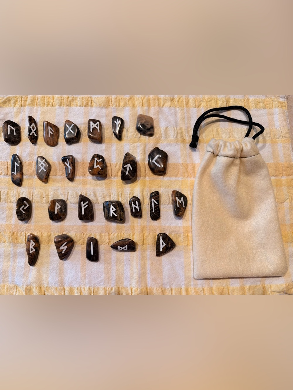 Black Moonstone Rune Set with Drawstring Pouch -